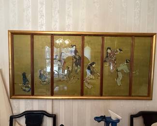 Vintage Japanese Six-Panel Figural Wall Screen
