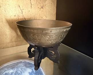 Vintage Chinese Etched Brass Bowl on Carved Wood Stand