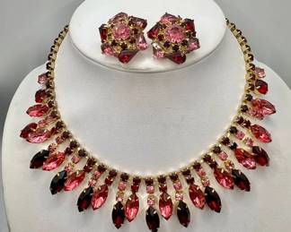 Pink & Red Rhinestone Vintage Gold Tone Jewellery Set