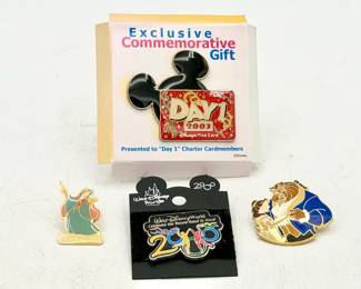 (4) Disney Collectible Pins Includes: Disney Visa Card - Day 1 2003 Member Pin (Pin ID: 26415) Disney Fairy Godmother cloisonn collector pin from the Walt Disney Classics Collection (WDCC) event released on August 25, 1996. Walt Disney World 2000 Celebrate the Future Hand in Hand Pin (also known as the Resort Flex Dancers pin) Belle and Beast Dancing Pin from the WDCC (Walt Disney Classics Collection) - Dreaming of a Great Wide Somewhere series