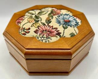 Embroidered Floral Fabric Top Wooden Jewelry Box with Mirror