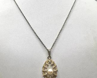 .835 Silver Cable Link Necklace & Pearl Pendant A*D