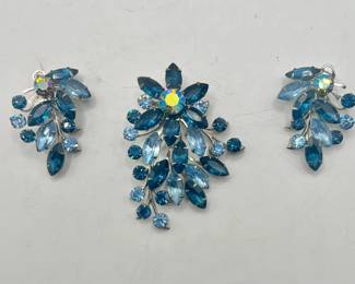 Blue Floral Brooch & Earrings Vintage Rhinestone Jewellery Set