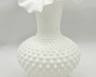 Fenton Style Milk Glass Ruffled Hobnail Vase