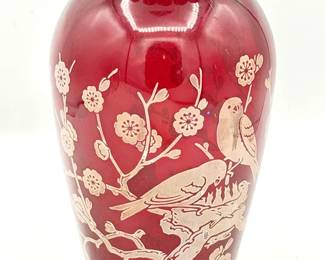 vintage Anchor Hocking Royal Ruby Red glass vase Hoover / Birds On A Nest Pattern