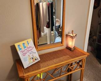 Vintage Bamboo and Rattan Two Tier Console Table with Wall Mirror. H
