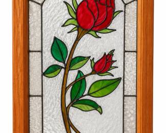 Painel de Vitral com Rosas Vermelhas em Moldura de Carvalho