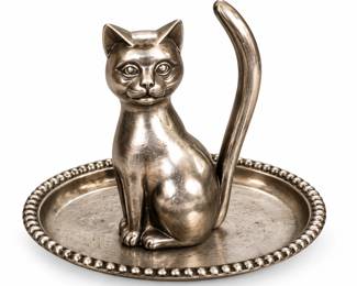 Estatueta de Gato em Pewter sobre Bandeja Decorada