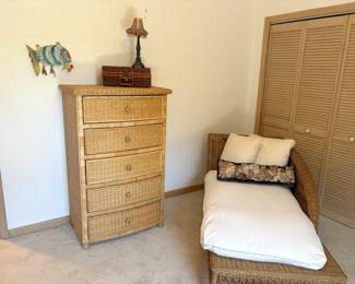Five-drawer wicker tall boy and a wicker lounger that invites one to lay down, cover your eyes with one arm, and call for someone to bring you a soothing drink :)
