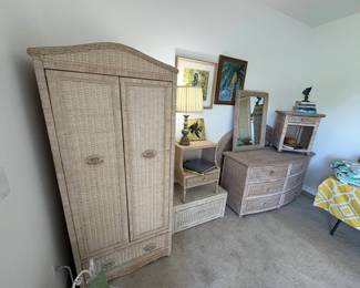We have three wicker bedroom sets -- two dressers, two armoires, two mirrors, three nightstands. Color ranges from honey to whitewash to pure white.