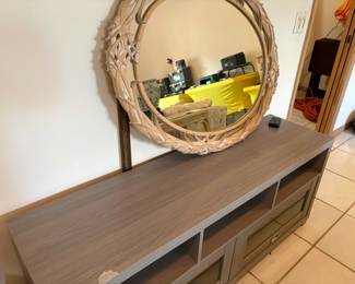 gray media console, Carolina mirror :)