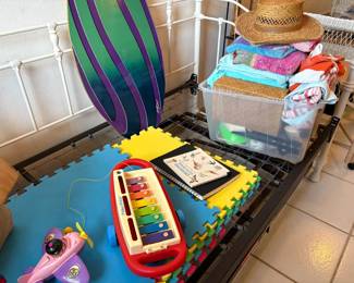 Kids toys, floor mats, skim board, beach towels