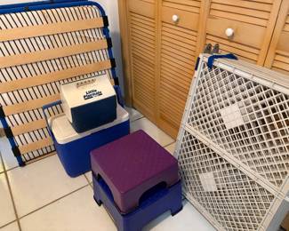 Cots, coolers, stackable stools, pet fencing