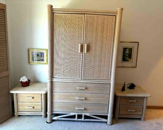 Very elegant bamboo bedroom set. The armoire is spacious and the two nightstands feature a stone top.