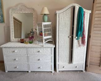 Pure white -- dresser, mirror, nightstand, armoire & (hidden) headboard.