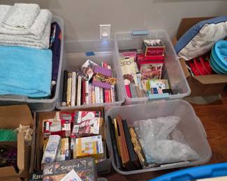 Clear storage bins with paperback books, towels and puzzles