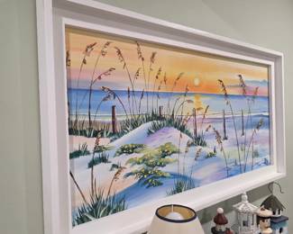 Framed beach dune painting at sunset in white frame