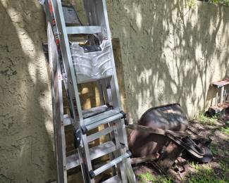 Aluminum folding ladder with metal wheelbarrow in yard