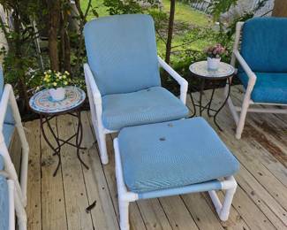 PVC patio lounge chair and ottoman with mosaic side tables