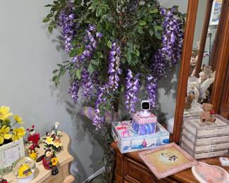 Faux wisteria tree with wood dresser and decorative boxes