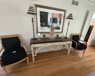 Console, chairs, lamps & print