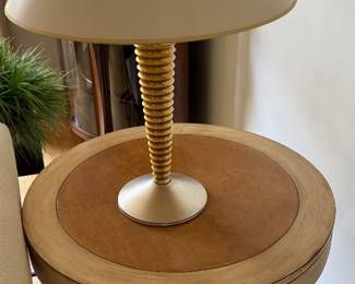 Pair of side tables & brass lamps