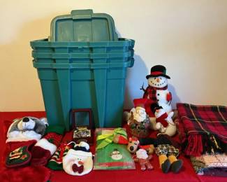 Assorted Christmas Decor and 3 Plastic Storage Totes