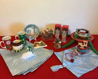 Assorted Christmas Decor, Christmas Tree Stand, Cups, Runner and Placemats, Etc