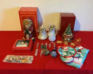 Assorted Christmas Decor, Dish Towels, Tin