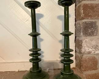 MidCentury Modern Green Glazed Ceramic Candlesticks