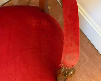  R15 - $65. Red upholstered armchair frame is sturdy. Upholstery isn't OK condition. Measures 26.5" wide 27" deep x 41" tall. 