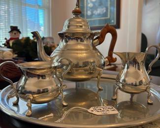 R22 - $40. Williamsburg, Steiff. Pewter, teapot with creamer, sugar and tray. Very good vintage condition.