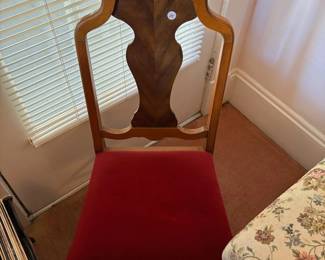 R18 -  $25. Single side chair with red upholstered seat frame is sturdy.  In very good condition. 