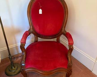  R15 - $65. Red upholstered armchair frame is sturdy. Upholstery isn't OK condition. Measures 26.5" wide 27" deep x 41" tall. 