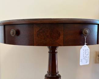 R38 - $75. Mersman brothers drum table. Model 7225. Measures 25" across x 26.5" tall. Single drawer slides easily. Very good vintage condition. 