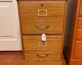 R11 -  $20. Two drawer wooden filing cabinet with key. Measures 16" x 17" x 28" tall. Very good vintage condition.