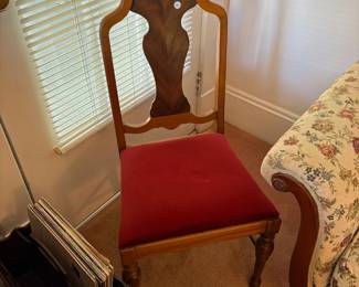 R18 -  $25. Single side chair with red upholstered seat frame is sturdy.  In very good condition. 