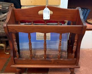 R19 - $30. Wooden magazine rack. Measures 17" tall.. 