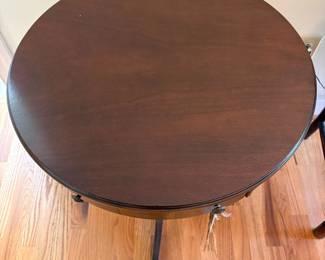 R38 - $75. Mersman brothers drum table. Model 7225. Measures 25" across x 26.5" tall. Single drawer slides easily. Very good vintage condition. 