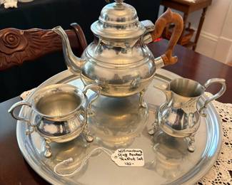 R22 - $40. Williamsburg, Steiff. Pewter, teapot with creamer, sugar and tray. Very good vintage condition.