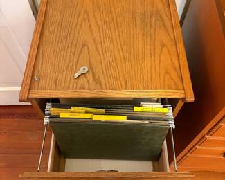 R11 -  $20. Two drawer wooden filing cabinet with key. Measures 16" x 17" x 28" tall. Very good vintage condition.