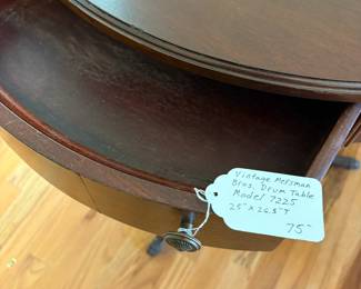 R38 - $75. Mersman brothers drum table. Model 7225. Measures 25" across x 26.5" tall. Single drawer slides easily. Very good vintage condition. 