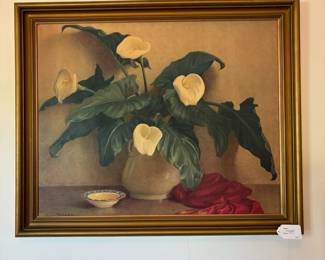 R16 - $40. 1940s Oleograph with Calla lilies. Measures 34" x 28". Very good vintage condition. 