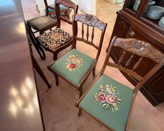R24 - $250. Georgetown galleries mahogany dropleaf table with eight chair chairs. Fully opened it measures 42" x 74" x 30" tall. With the leaves down it is only 26.5" wide. Very good vintage condition. Has a storage drawer on either side that slide easily.