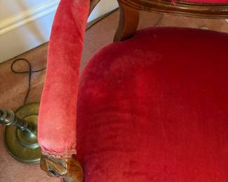  R15 - $65. Red upholstered armchair frame is sturdy. Upholstery isn't OK condition. Measures 26.5" wide 27" deep x 41" tall. 