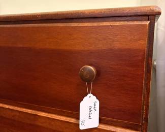 R9 - $30. Small three drawer wooden chest.  Good vintage condition. Measures 21" x 13" x 28" tall. 