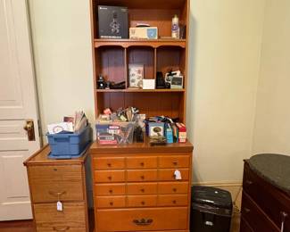 R10 -  $85. Three drawer chest with hutch above. Measures 27.5." x 17.5." x 77" tall. Moves into pieces. Very good vintage condition.