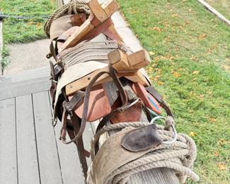 Lot 249 Wood Sawbuck Pack Saddle for Horse or Mule Canvas Pack Bags, Rigging Rope