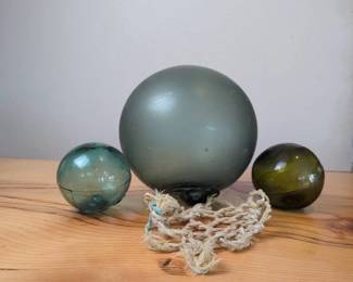 Lot 013 3 Vintage Glass Fishing Net Floats Aqua Green with Rope Netting
