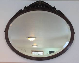 Lot 004 Large Oval Beveled Wall Mirror with Ornate Decorative Crest Antique Style